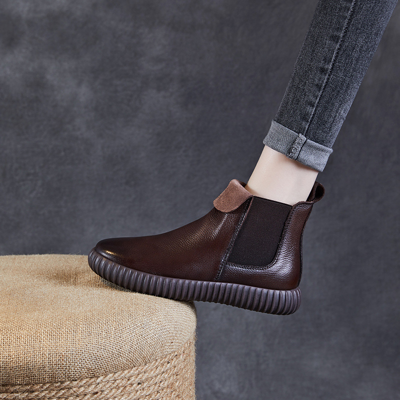 真皮平底切尔西短靴女2024秋新款软底马丁靴牛皮复古高帮翻皮