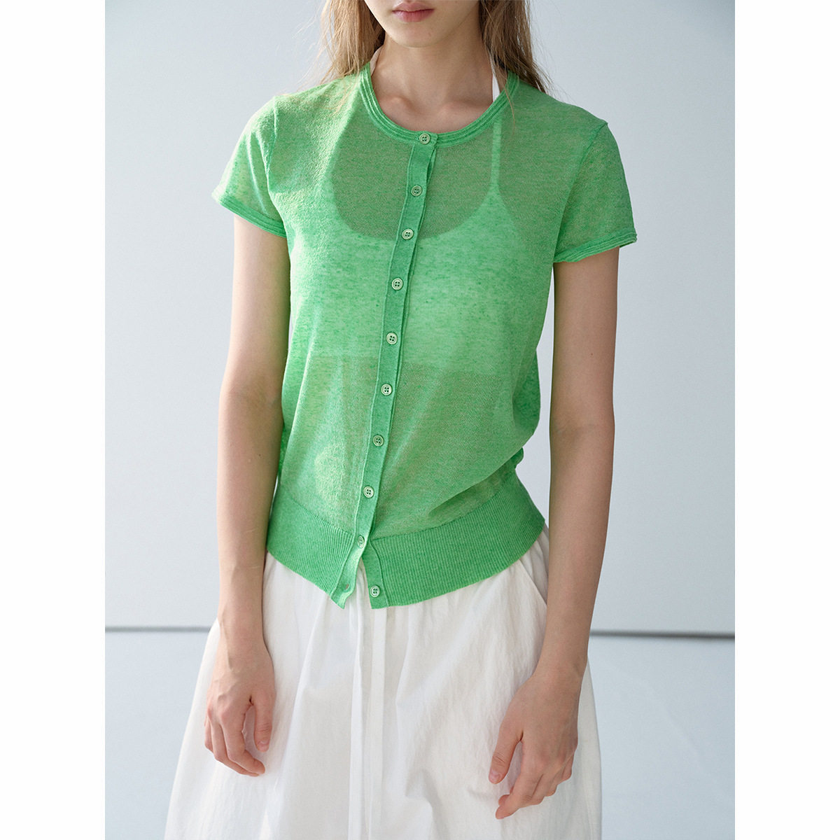 【玳禾】夏季新款休闲圆领雪花麻薄款修身清透短袖针织开衫