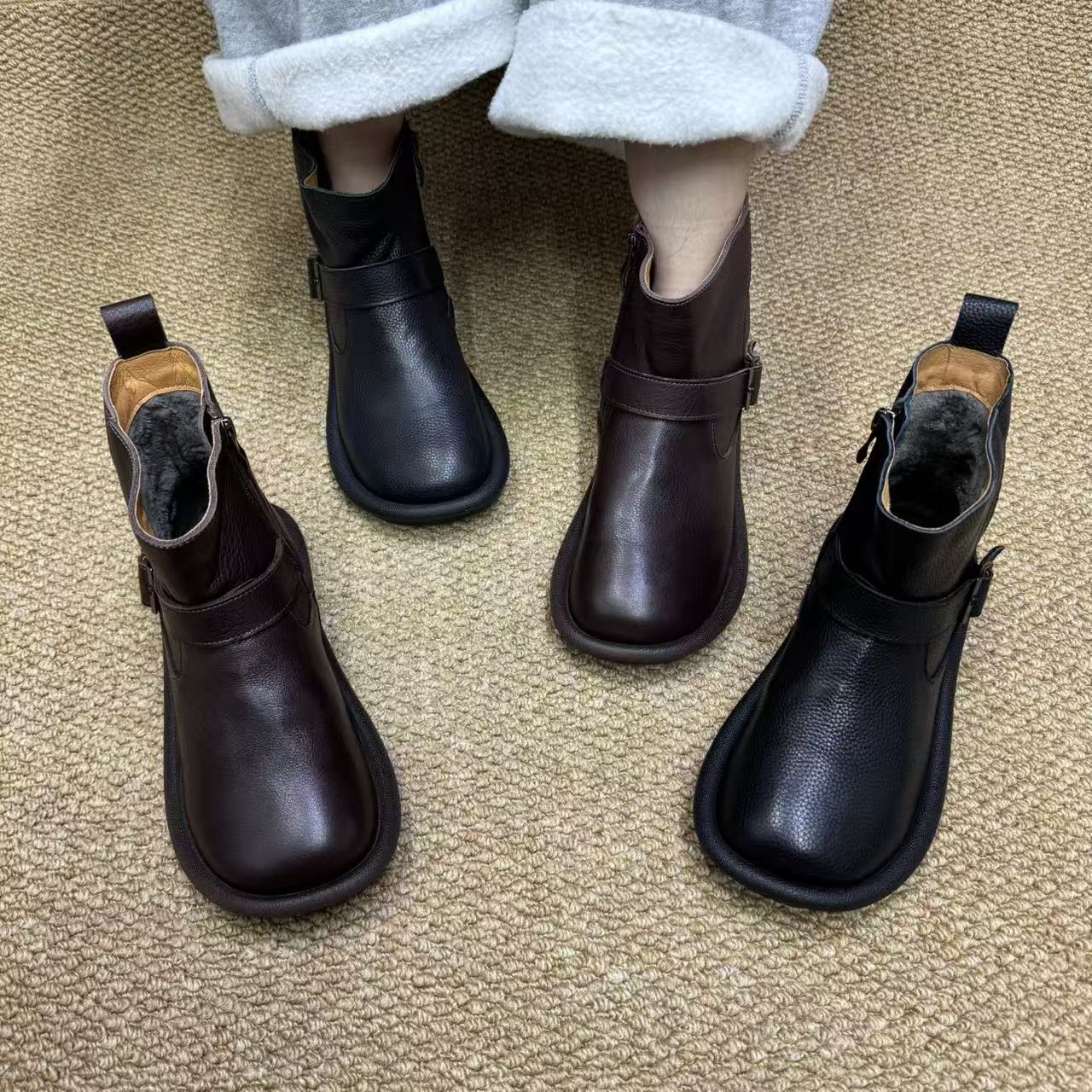 秋冬真皮圆头平底马丁靴低跟妈妈单靴头层牛皮软底加绒保暖女短靴