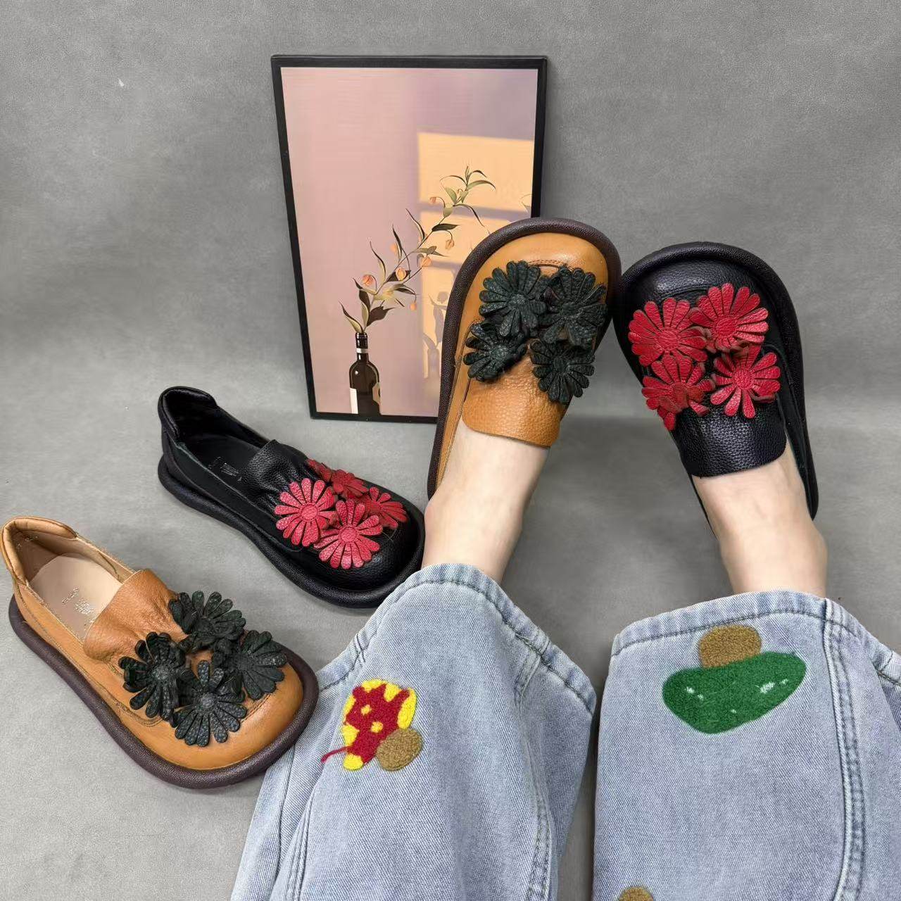 新款民族风真皮手工女鞋花朵复古文艺森系厚底松糕中跟圆头娃娃鞋,女鞋,乐福鞋（豆豆鞋）,淘宝优惠券,粉丝福利购,淘宝优惠卷