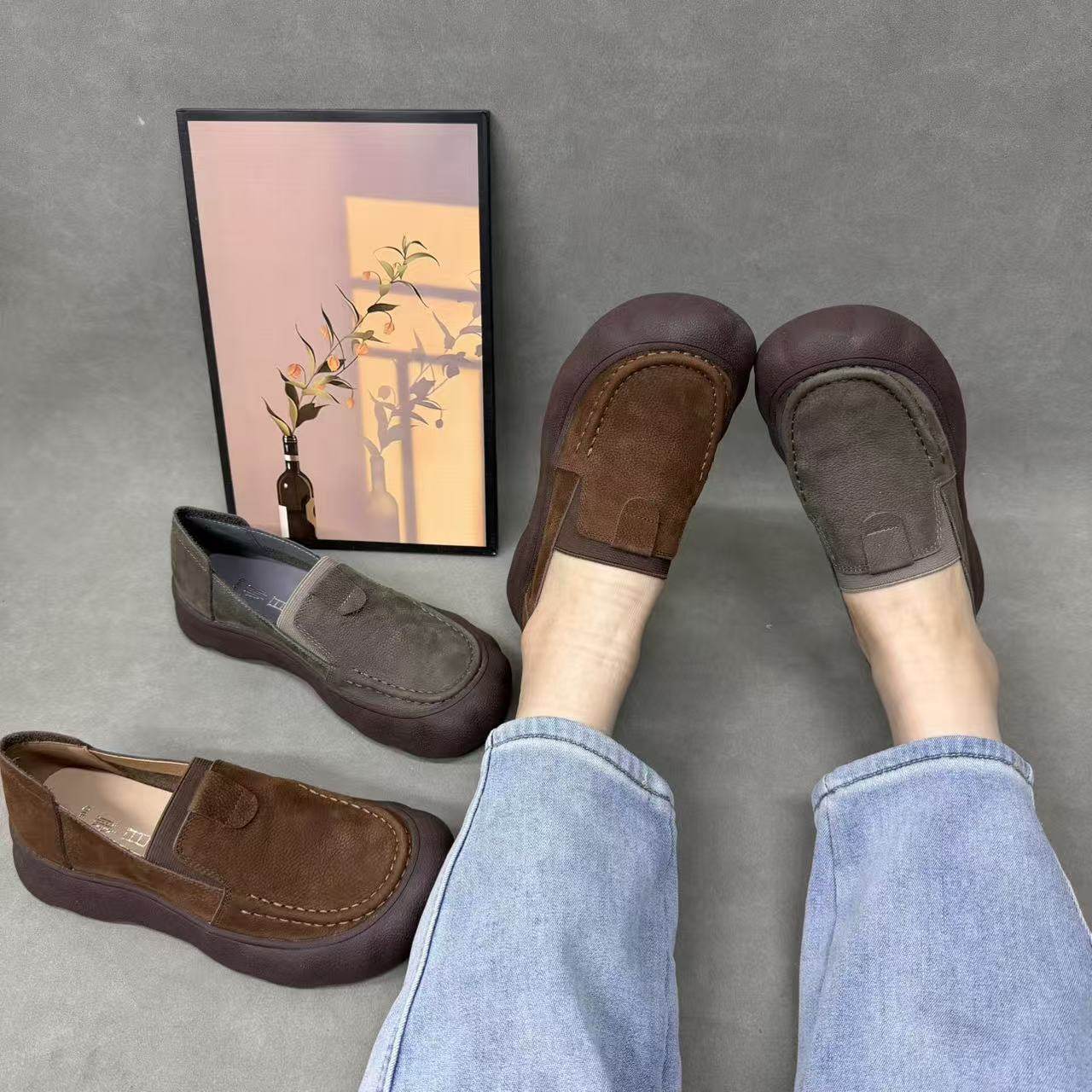 且朴手工复古真皮乐福鞋女平底一脚蹬小皮鞋舒适百搭女鞋休闲单鞋,女鞋,深口单鞋,淘宝优惠券,粉丝福利购,淘宝优惠卷