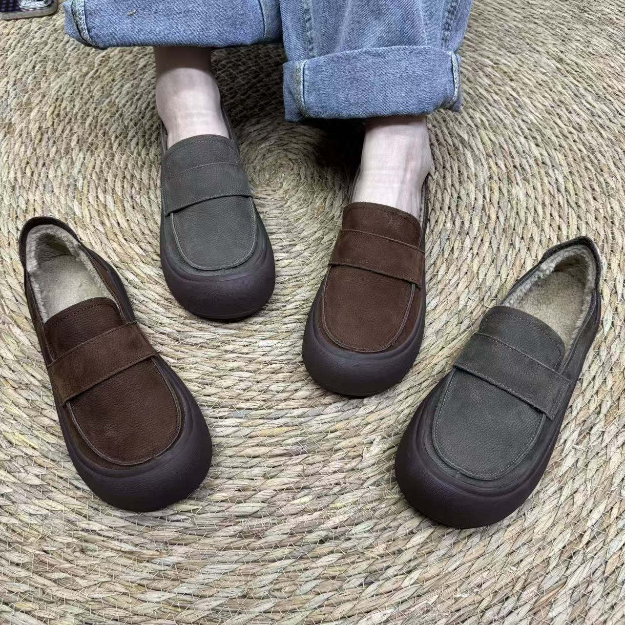 复古百搭一脚蹬乐福鞋2025春秋新款平底真皮软底舒适不累脚加绒冬