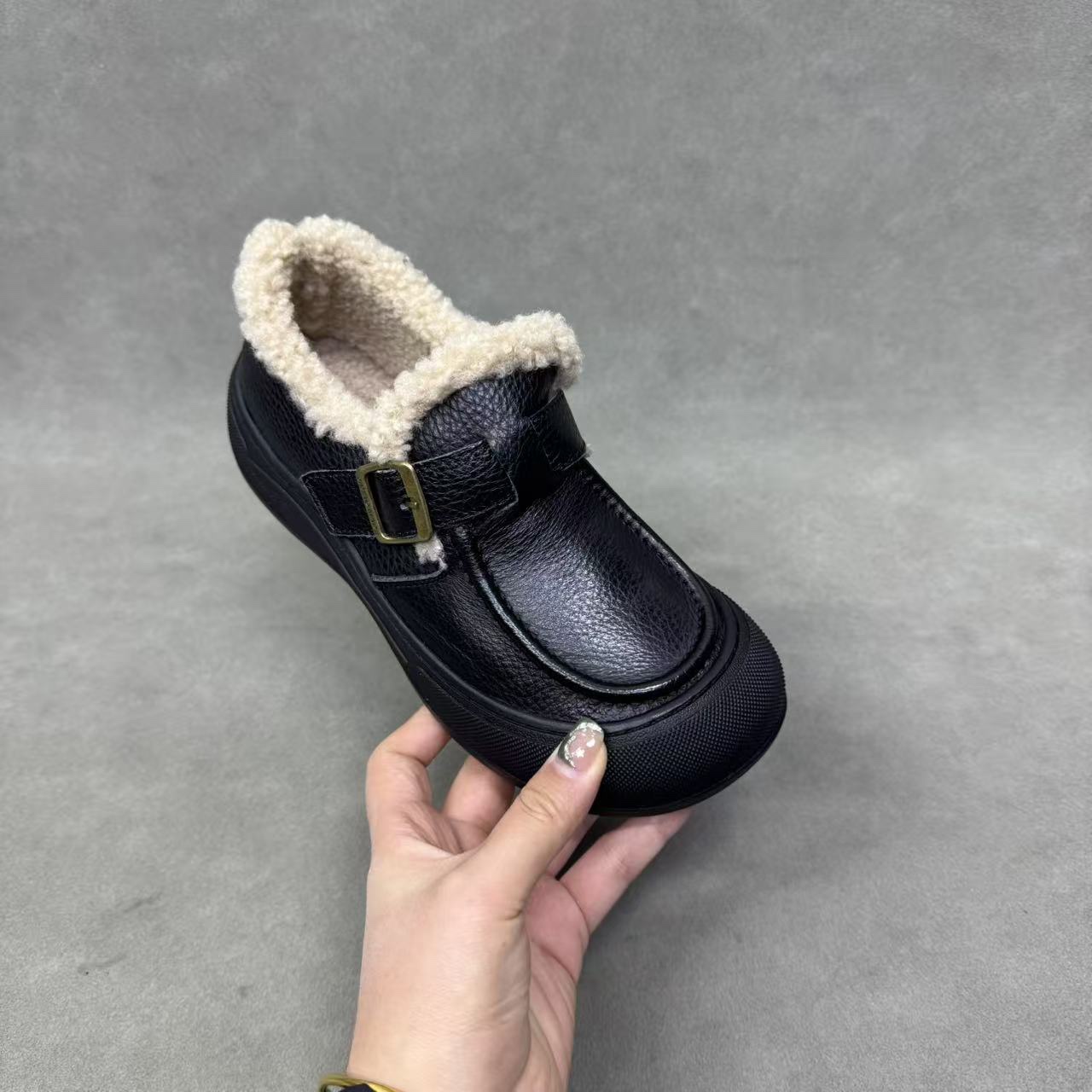 2025秋冬新款棉鞋女加绒鞋两穿羊羔毛小皮鞋软底一脚蹬加绒乐福鞋