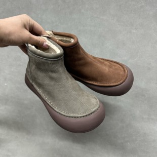 25年冬季 棉靴真皮厚绒靴子女复古后拉链雪地靴休闲绒里烟筒靴 新款