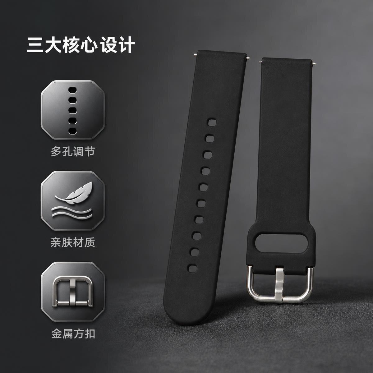 20MM黑色方扣硅胶表带图片