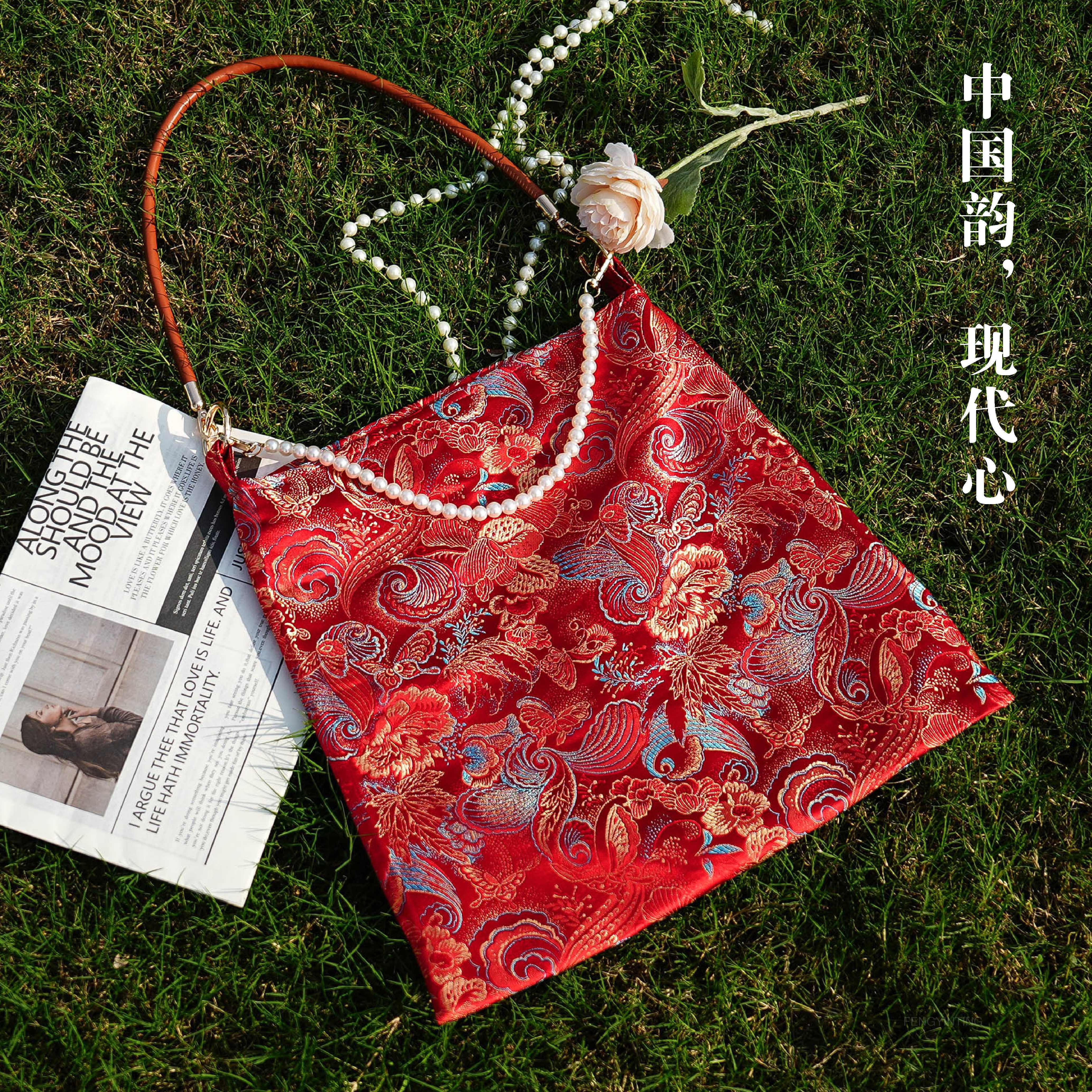 国风文艺旗袍包包2025新款提花手提包女汉服新中式仙女布包百搭新