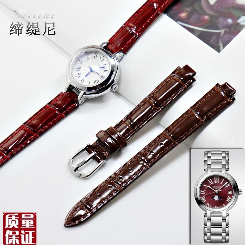 亮光牛皮真皮表带适配浪琴心月L8.110111/112/11R3/115凸口表链女