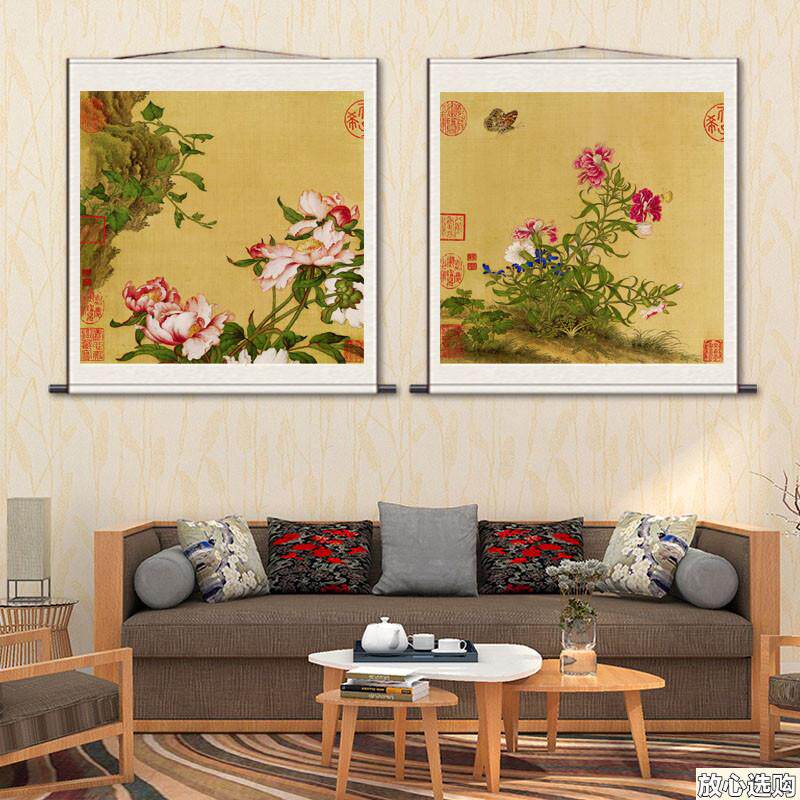 郎世宁斗方挂画可定制新中式丝绸壁画装饰卷轴酒U店背景画公司礼