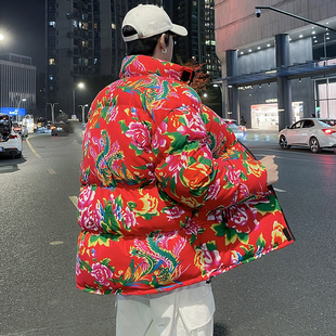 东北大花棉袄男款冬季加厚过年战袍棉服中国风外套大花布衣服秋冬