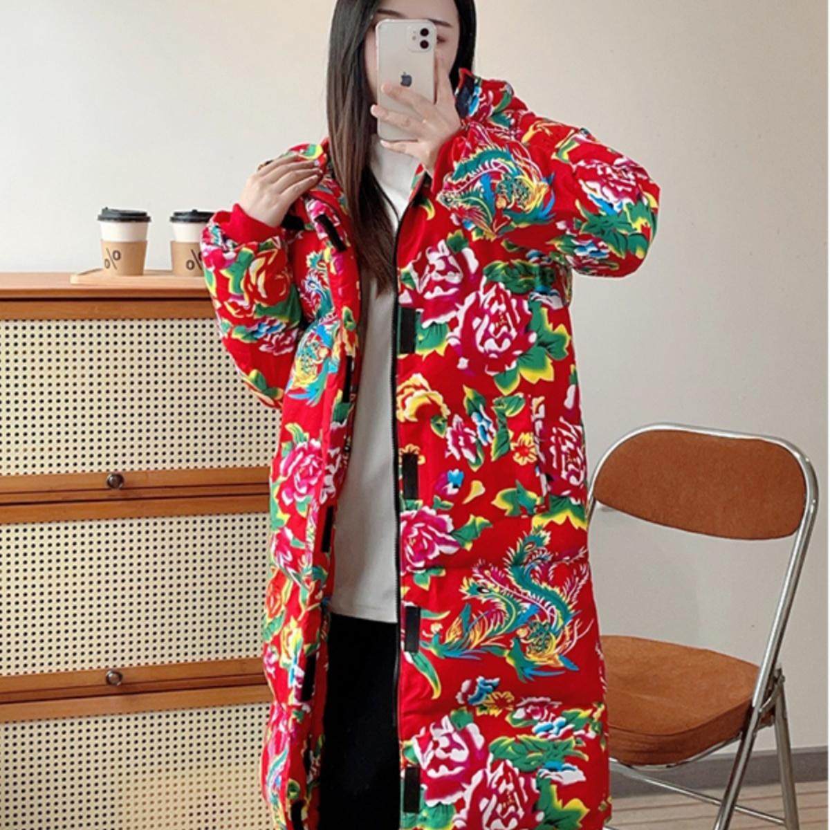 零下40度东北大花棉袄男女冬季中长款加厚保暖国潮牡丹花连帽棉服