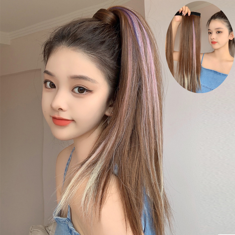 假发马尾绑带式 长发魔术贴低马尾辫渐变挑染直发辫子baby同款