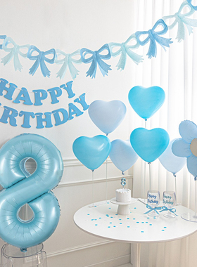 PanParty/ins风蓝色蝴蝶结生日快乐拉旗儿童派对装饰场景布置拍照