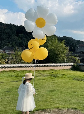 PanParty韩国ins白色雏菊花朵铝膜气球太阳花生日派对装饰笑脸