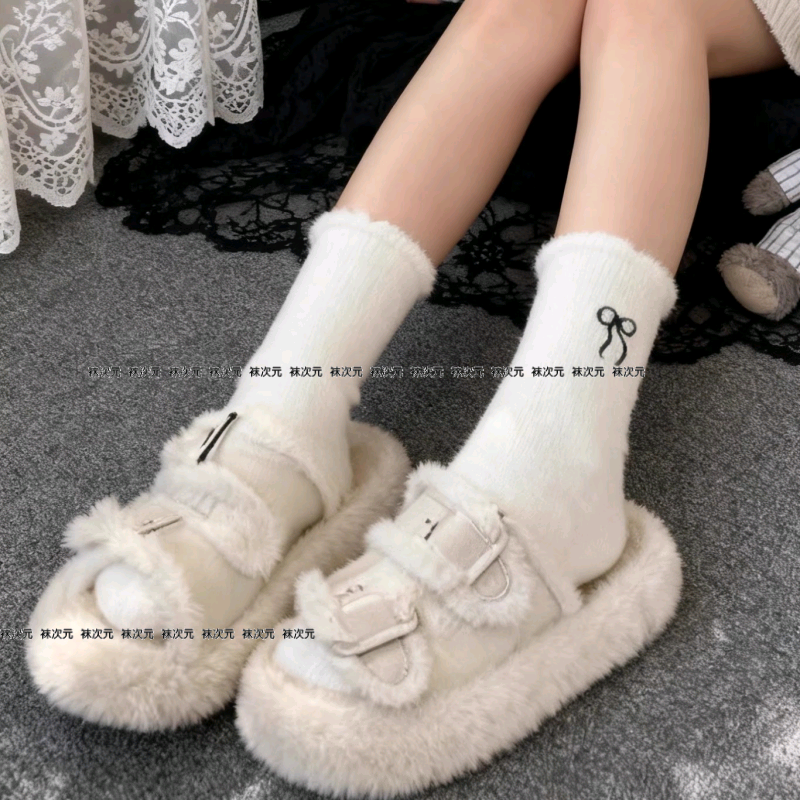 蝴蝶结澳绒袜子女中筒袜加厚加绒
