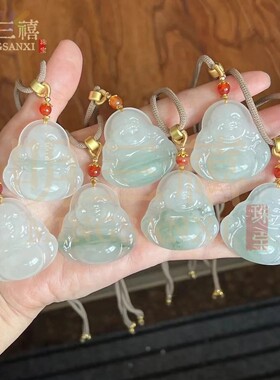 新疆天山翠玉石佛公吊坠大肚佛挂件飘花弥勒佛翡翠色飘花金丝玉t2