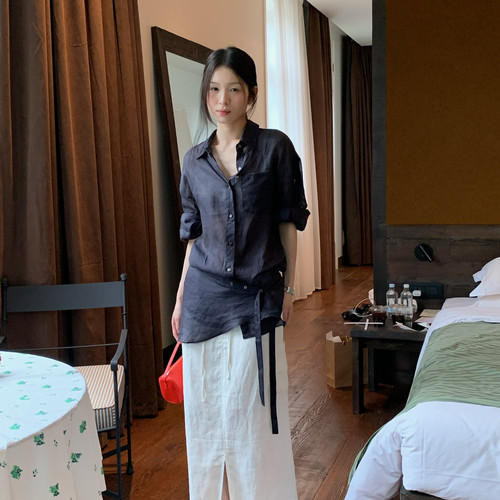 TABLE-高腰前开叉直筒休闲半裙半身裙(不配腰包白色有内衬)36715