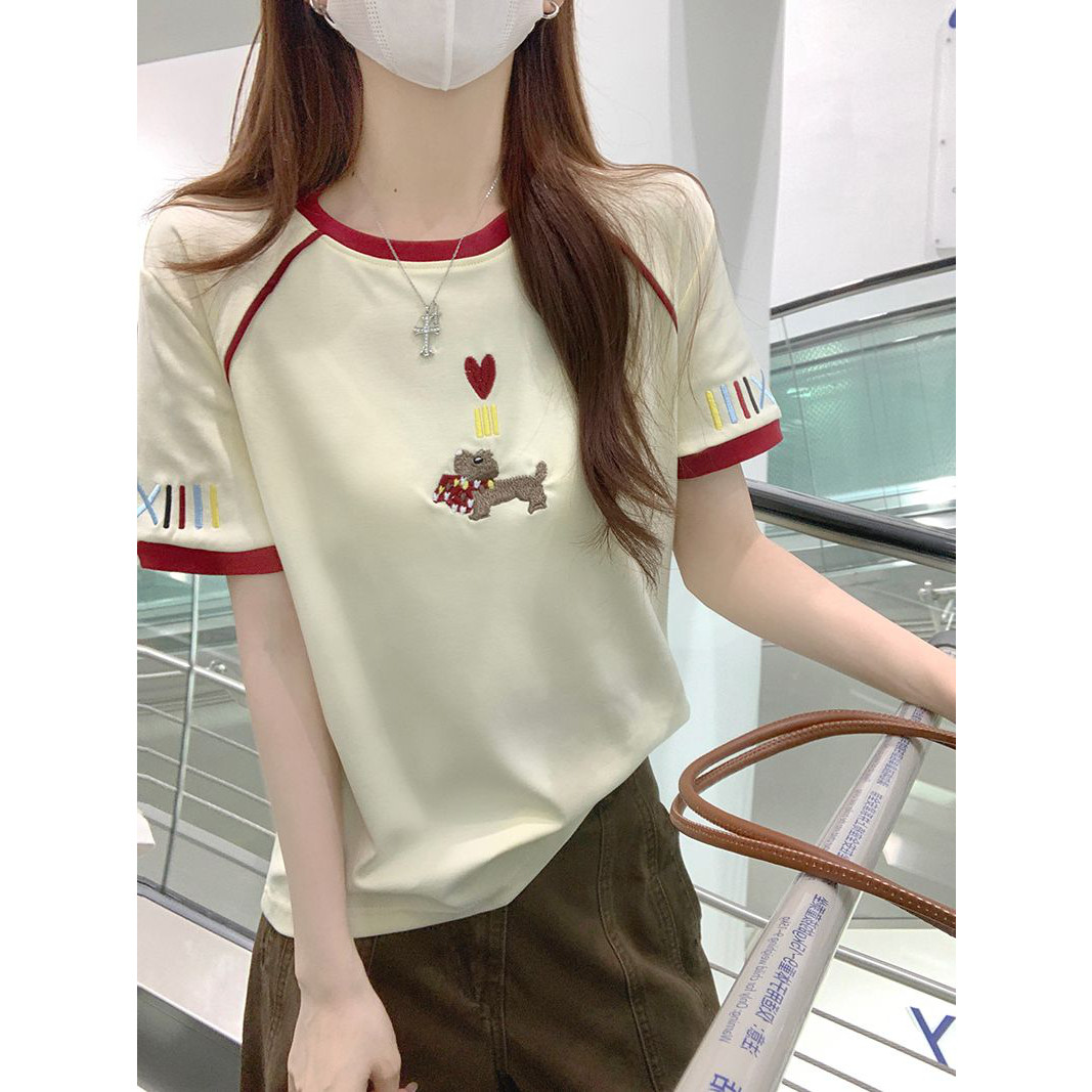 实拍特价220克水柔棉双面短袖t恤夏韩系新款撞色刺绣圆领上衣女装