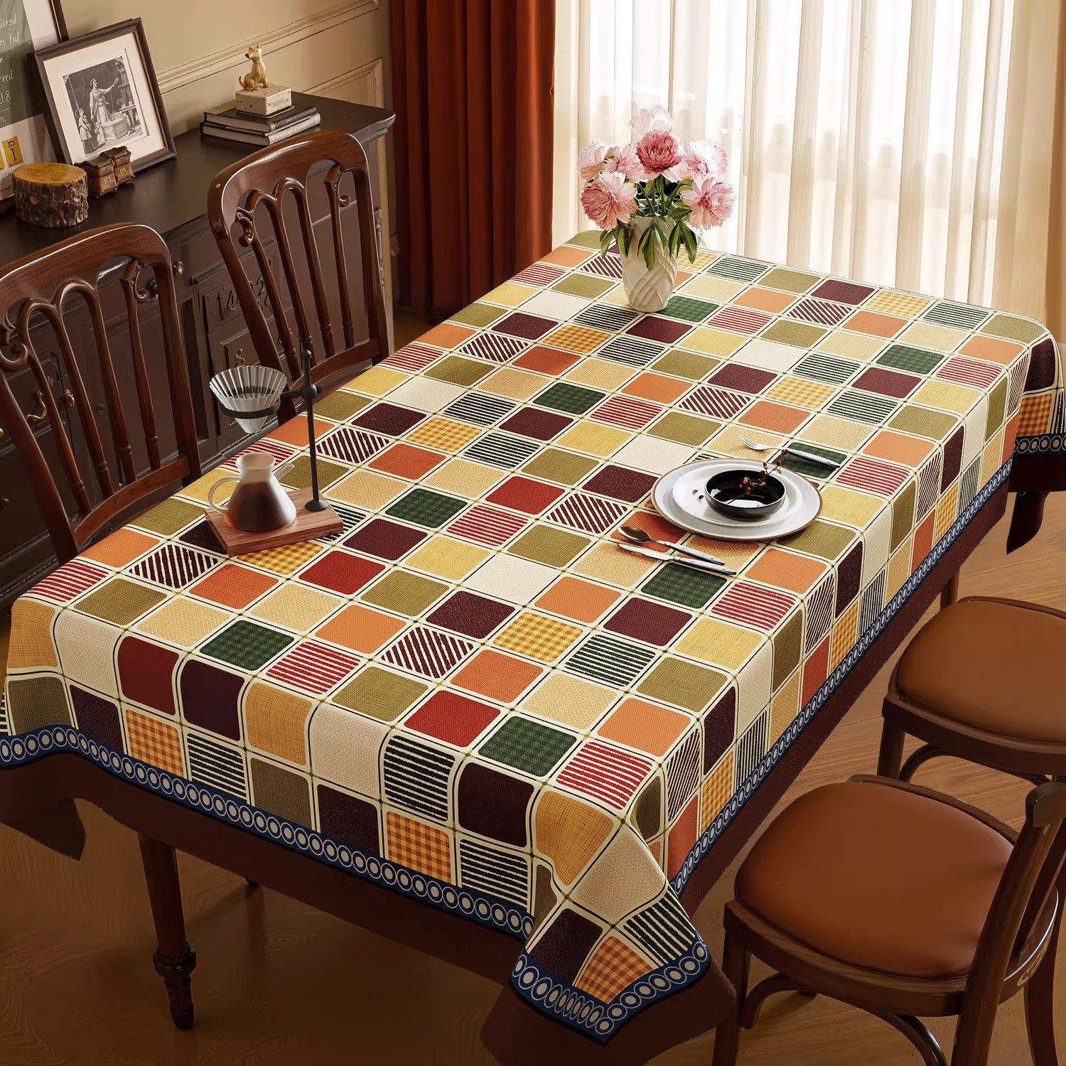 中古风桌布免洗防油防水防烫餐桌桌布高级感复古绿色台布茶几盖布,居家布艺,餐垫,淘宝优惠券,粉丝福利购,淘宝优惠卷