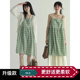 绿格子吊带短裙文艺甜美少女减龄小清新格纹吊带连衣裙 稀有RARE