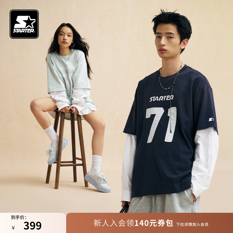 STARTER T恤2025秋季男女同款纯棉数字印花假两件运动休闲上衣