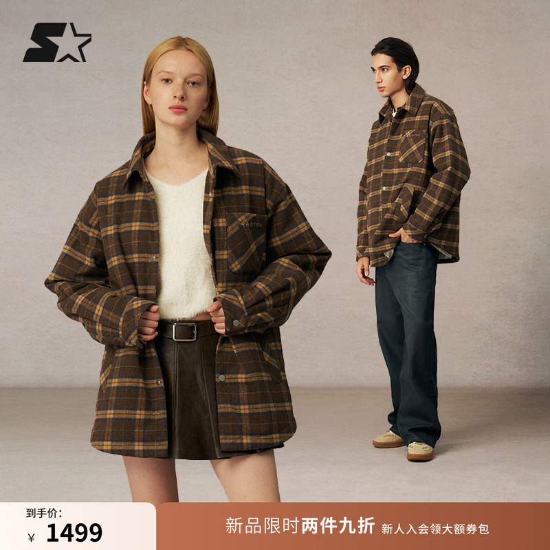 STARTER格纹棉服2025秋冬新款保暖女款衬衫男休闲运动上衣外套