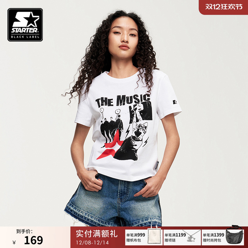 STARTER T恤女新款显瘦百搭100%棉宽松圆领印花白色短袖上衣