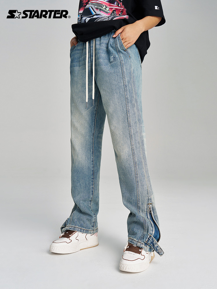 남성용 및 여성용 STARTER 바지 신축성 있는 허리 루즈한 통근 패셔너블 캐주얼 복고풍 아메리칸 청바지