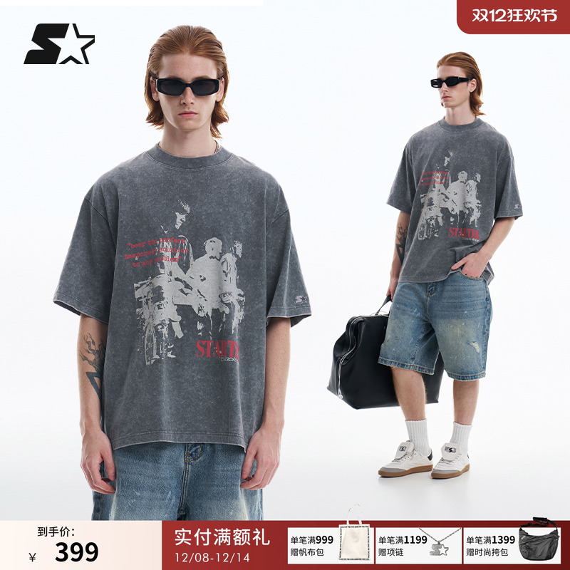 STARTER短袖T恤2025夏季新款宽松百搭休闲运动水洗做旧灰色上衣