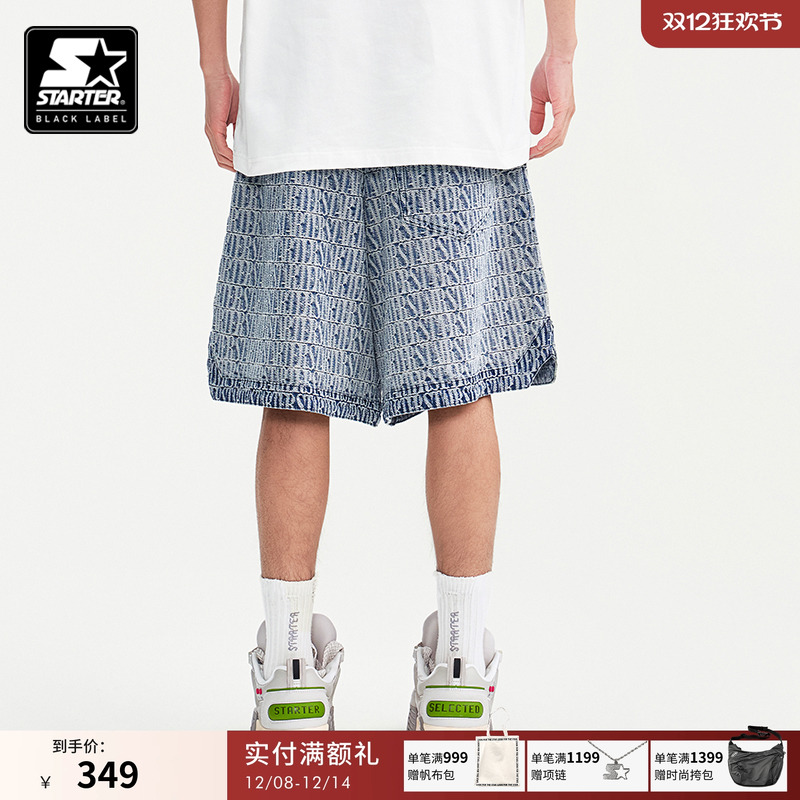 STARTER牛仔短裤棉美式时尚字母提花休闲裤松紧腰男运动篮球短裤