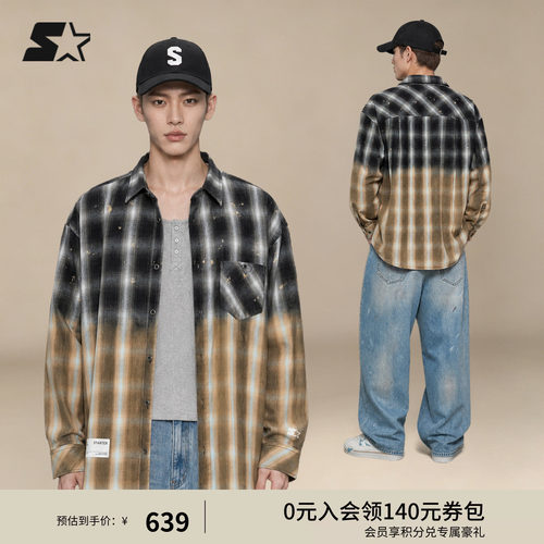 STARTER长袖衬衫2026秋季新款男女同款渐变做旧黑白格纹衬衫上衣