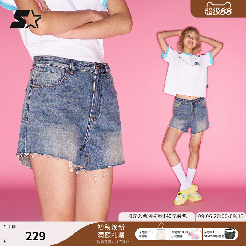 STARTER牛仔短裤夏季新款女生纯棉修身做旧水洗休闲百搭显瘦裤子图片