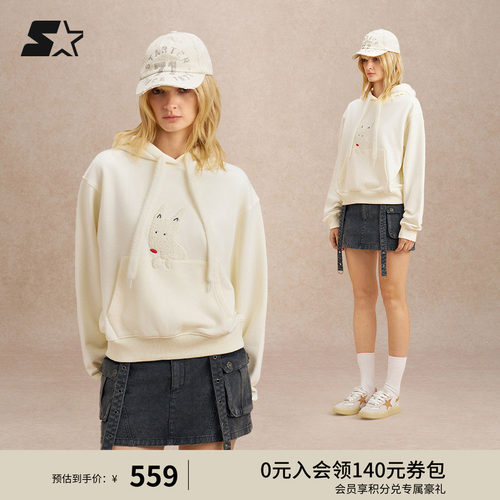 STRATER连帽卫衣秋季新款女生百搭休闲宽松弹力小白动物狗上衣