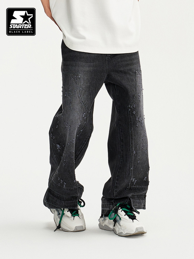 STARTER JEANS 퓨어 코튼 2024 여름 뉴 데님 바지 찢어진 그레이 유니섹스 바지