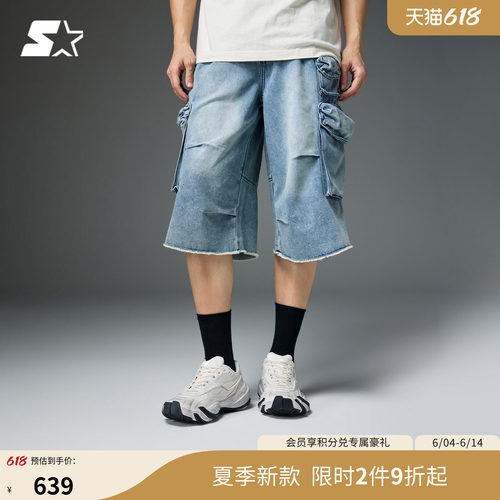 STARTER牛仔短裤2026春夏新款水洗做旧宽松休闲七分裤牛仔中裤