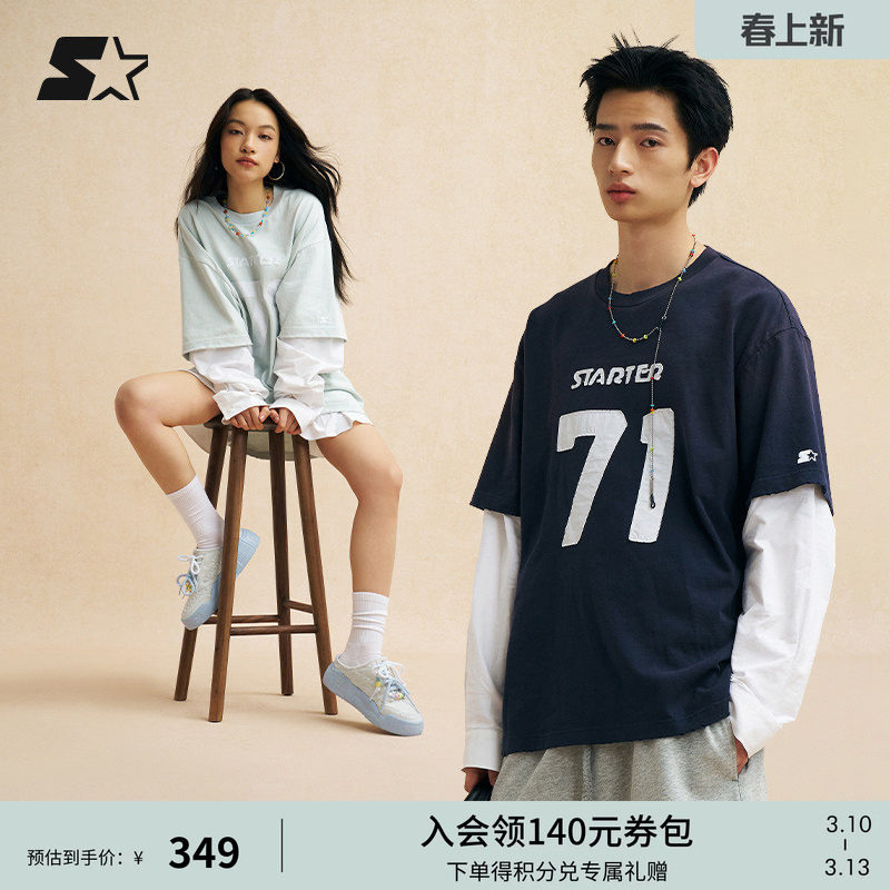 STARTER T恤秋季男女同款纯棉数字印花假两件运动休闲百搭上衣