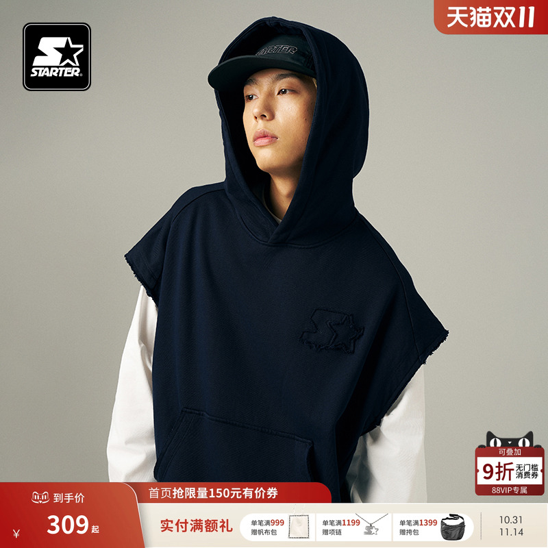 STARTER无袖卫衣秋季男女同款宽松休闲运动百搭情侣套头连帽上衣
