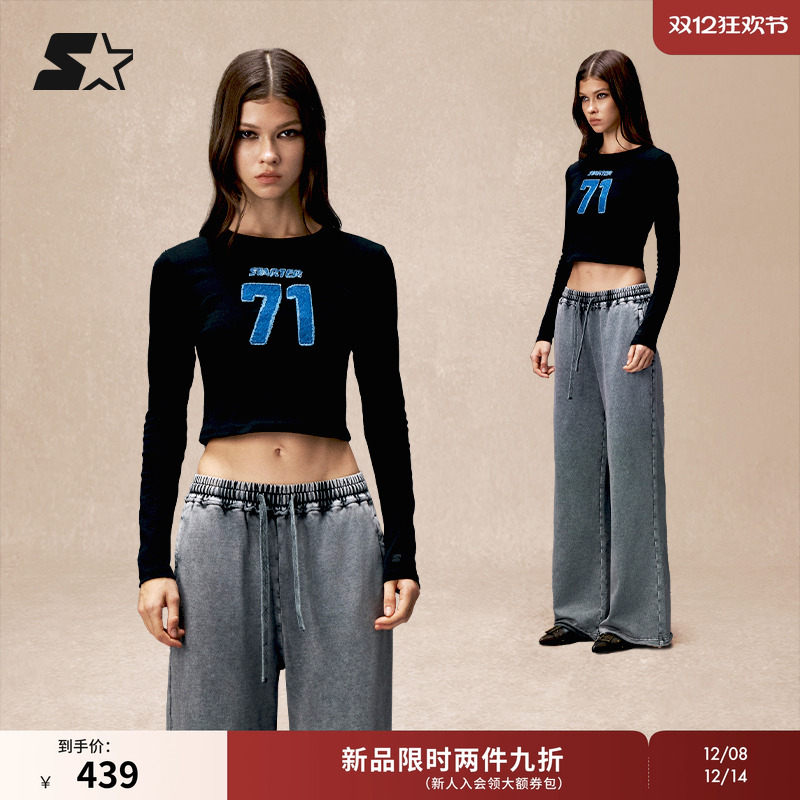 STARTER长袖T恤2025秋季新款女生牛仔贴布紧身短款休闲百搭上衣