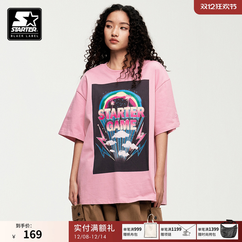 STARTERT恤新款女士美式纯棉透气宽松显瘦印花休闲粉色运动上衣