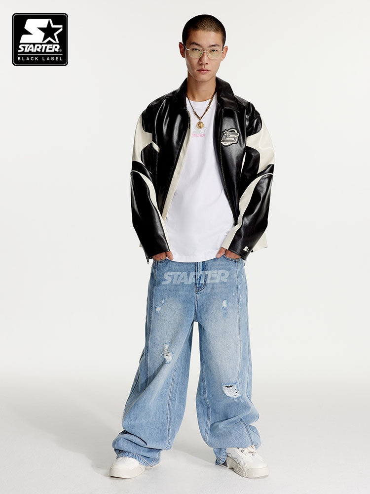 STARTER 청바지 남성 미국 순면 통근 다재다능한 루즈 캐주얼 찢어진 와이드 팬츠 바지