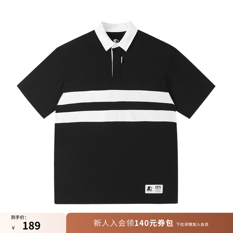 STARTER|POLO衫100%棉新款百搭条纹时尚针梭拼接男女宽松短袖上衣