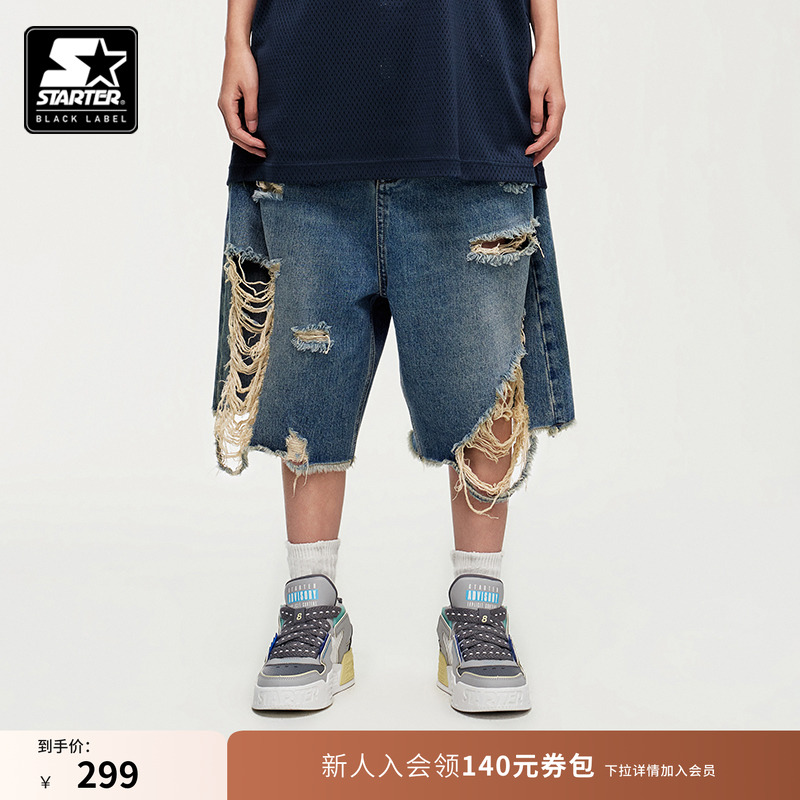 STARTER牛仔短裤新款运动休闲破洞宽松男女同款棉美式牛仔裤裤子