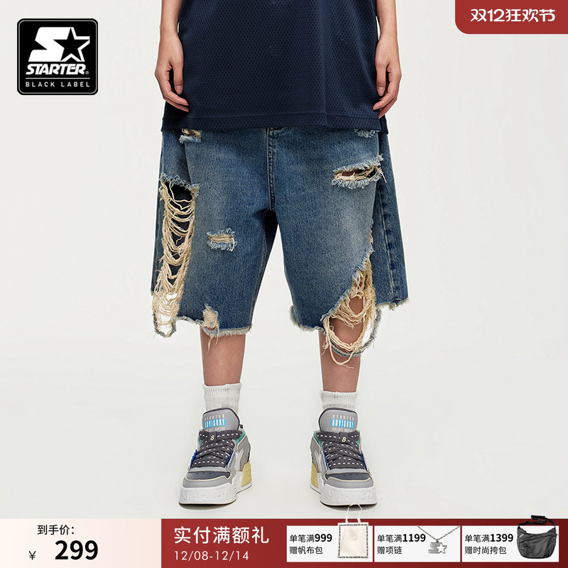 STARTER牛仔短裤新款运动休闲破洞宽松男女同款棉美式牛仔裤裤子