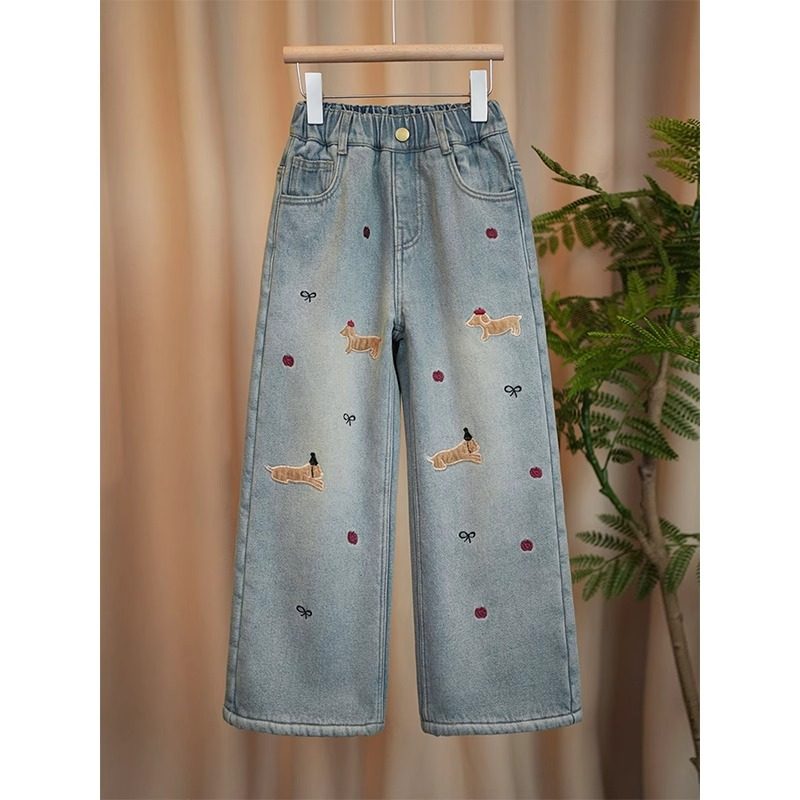 童装女童加绒牛仔裤一体绒