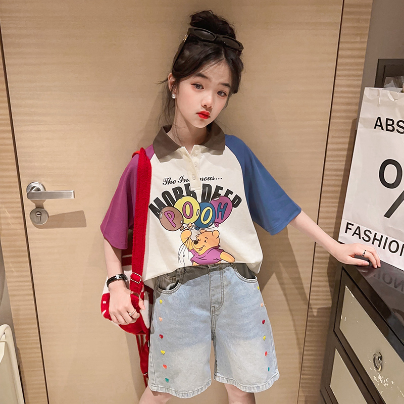 女童短袖t恤夏季2025新款纯棉小女孩polo衫洋气网红大童夏装套装