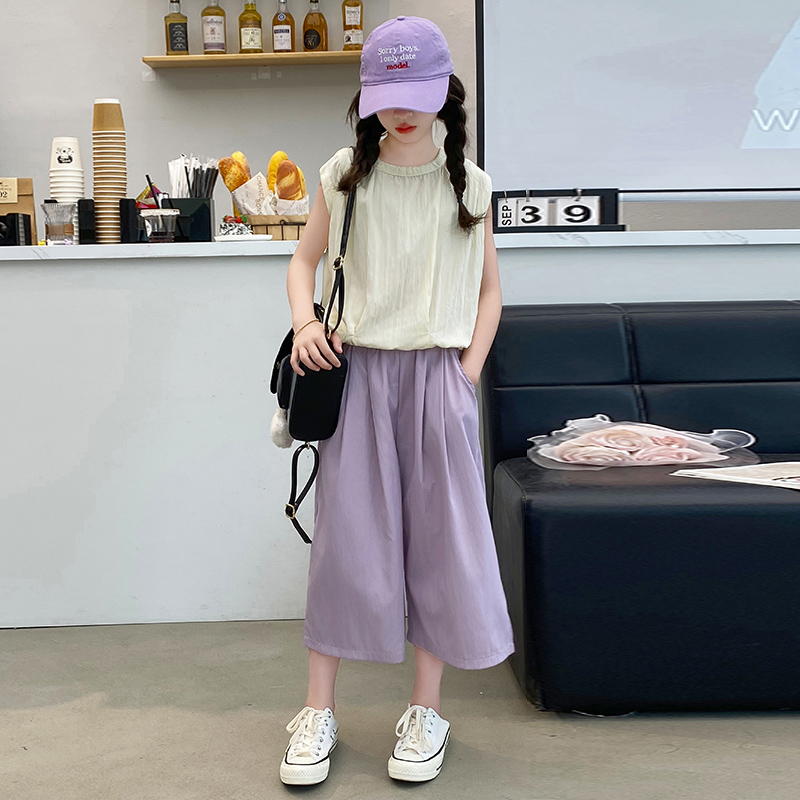女童夏装套装2024新款夏季儿童阔腿裤薄款外穿女孩大童装七分裤子