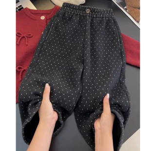 子秋冬装 女大童长裤 2024新款 秋季 洋气儿童一体绒波点裤 女童加绒裤