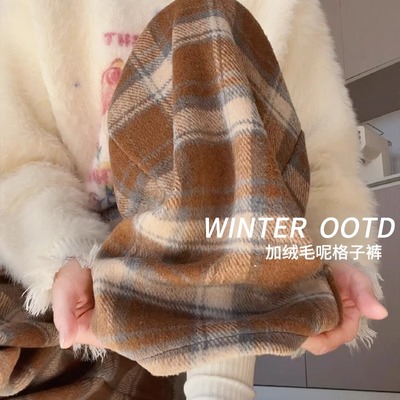 女童加绒裤子毛呢阔腿裤格子加厚