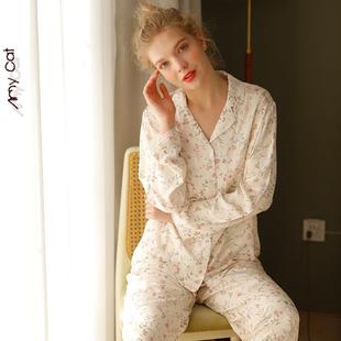 棉春秋新款 女T 贡缎EUK小柳长叶卉印花花家居服袖 睡衣套人装