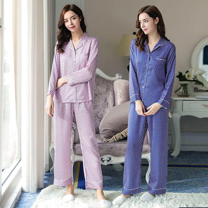 蕾恰100%真丝睡衣套装长袖长裤桑蚕丝家居服居家休闲套装女秋冬季