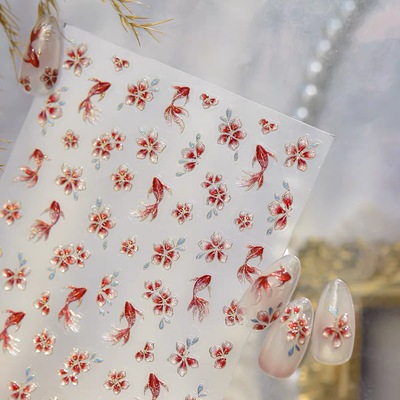 tomoni烫金美甲贴纸ins 爆款复古指甲贴新中式金鱼花贴纸饰品素材